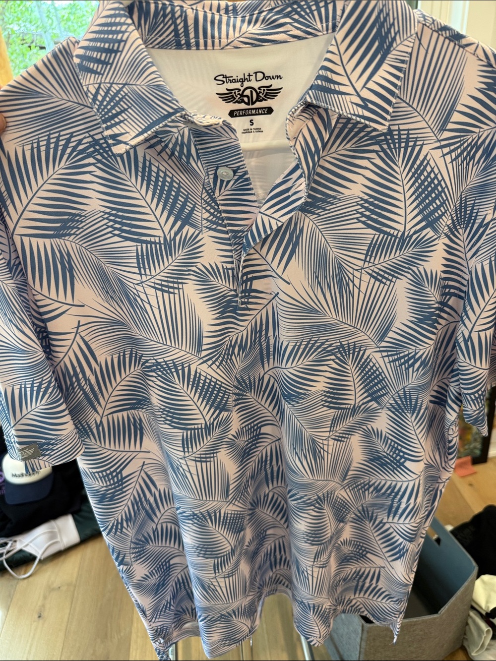 Straight Down Men’s Blue Palm-Print Polo Shirt